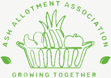Logo for ash allotment association, a basket of vegetables with the strapline "growing together"
