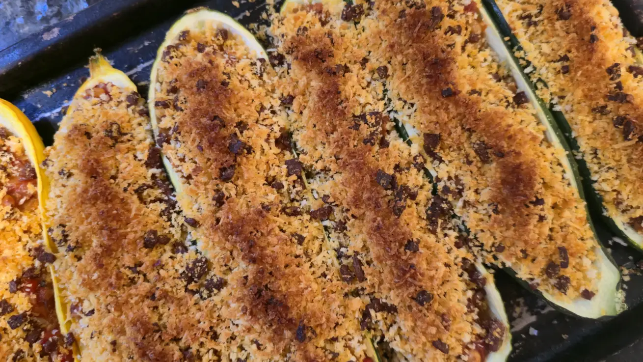 Mediterranean Courgette Boats with Spicy Veg & Crispy Chorizo Crumb