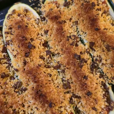 Mediterranean Courgette Boats with Spicy Veg & Crispy Chorizo Crumb